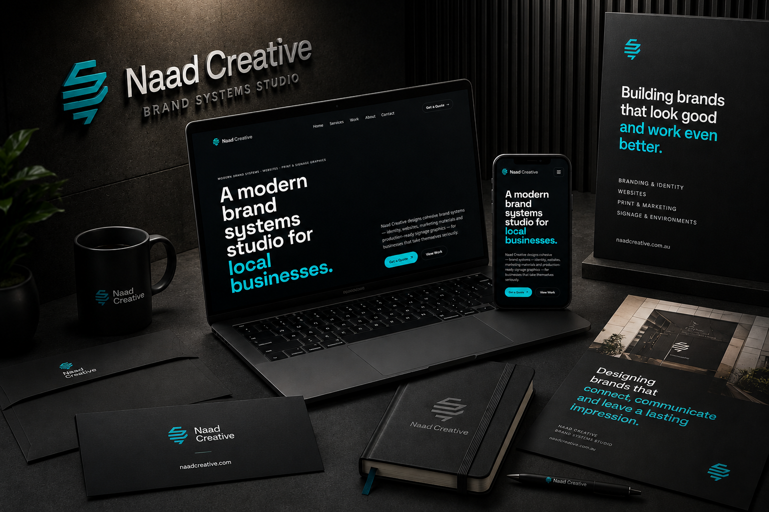 Naad Creative brand system showcase — identity, website, mobile, print and environmental branding